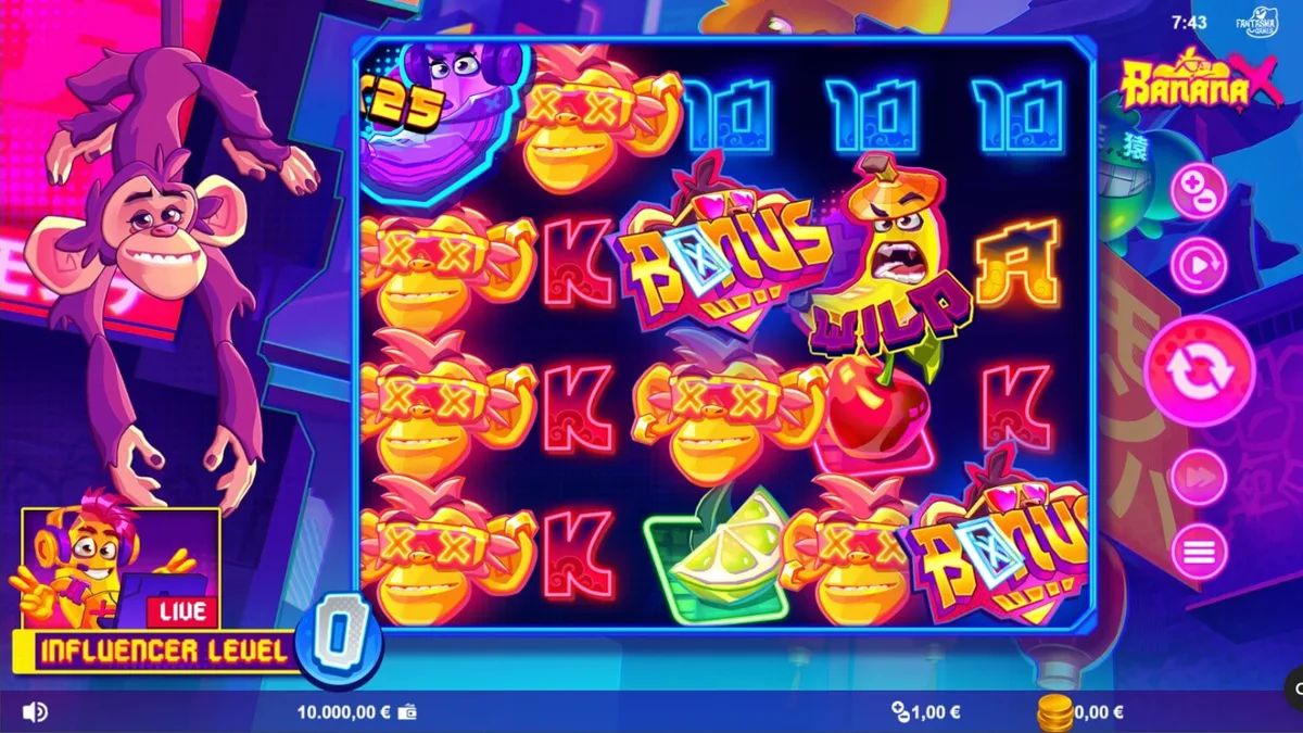 Tampilan visual neon dan glitchy dari slot Banana X yang penuh ketegangan.