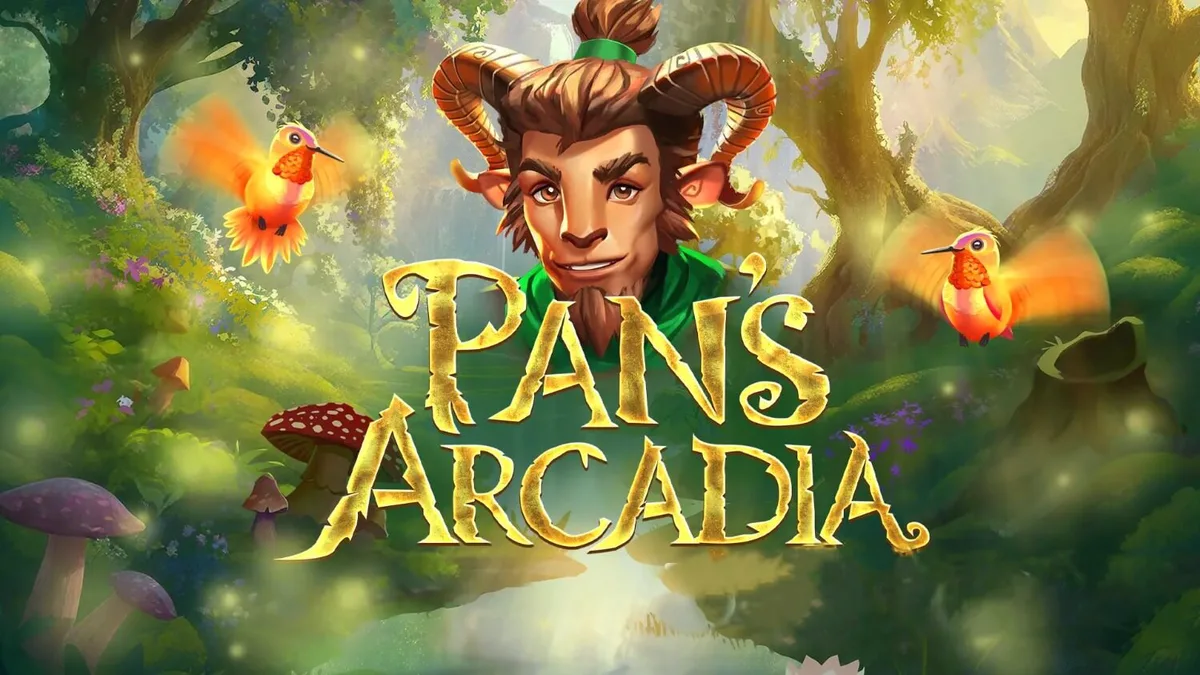 Pemandangan hutan mistis dalam slot Pan's Arcadia dengan simbol mitologi Yunani.